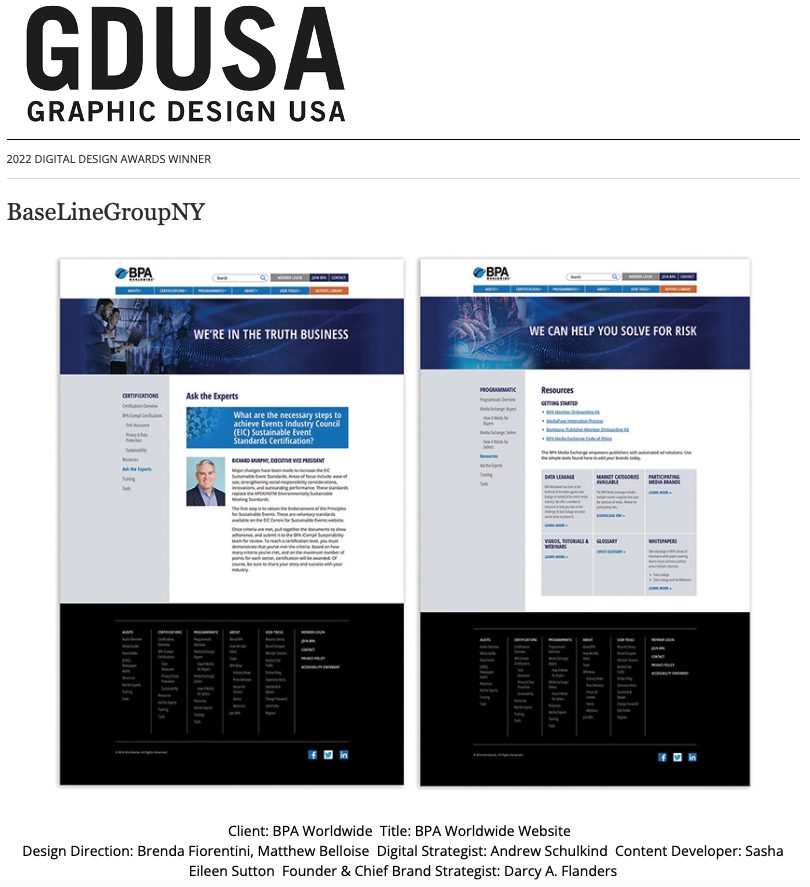 BPA website award on the GDUSA Award Showcase Website